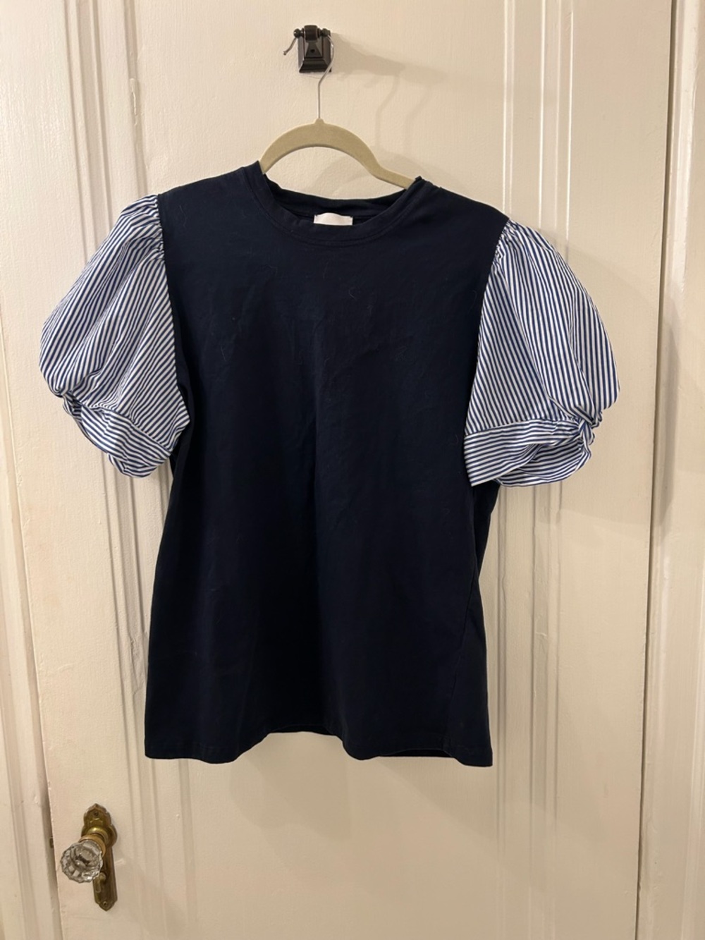 Goop Women’s Navy Tee with Striped Puff Sleeves